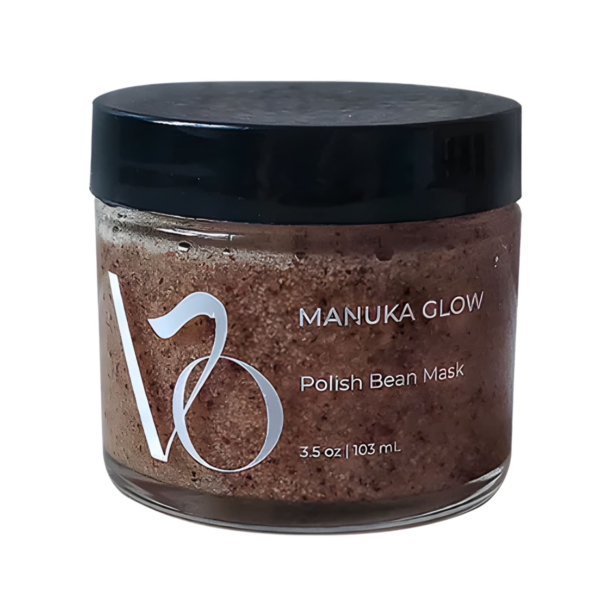 Jar of Manuka Glow Polish Bean Mask with black lid on a white background