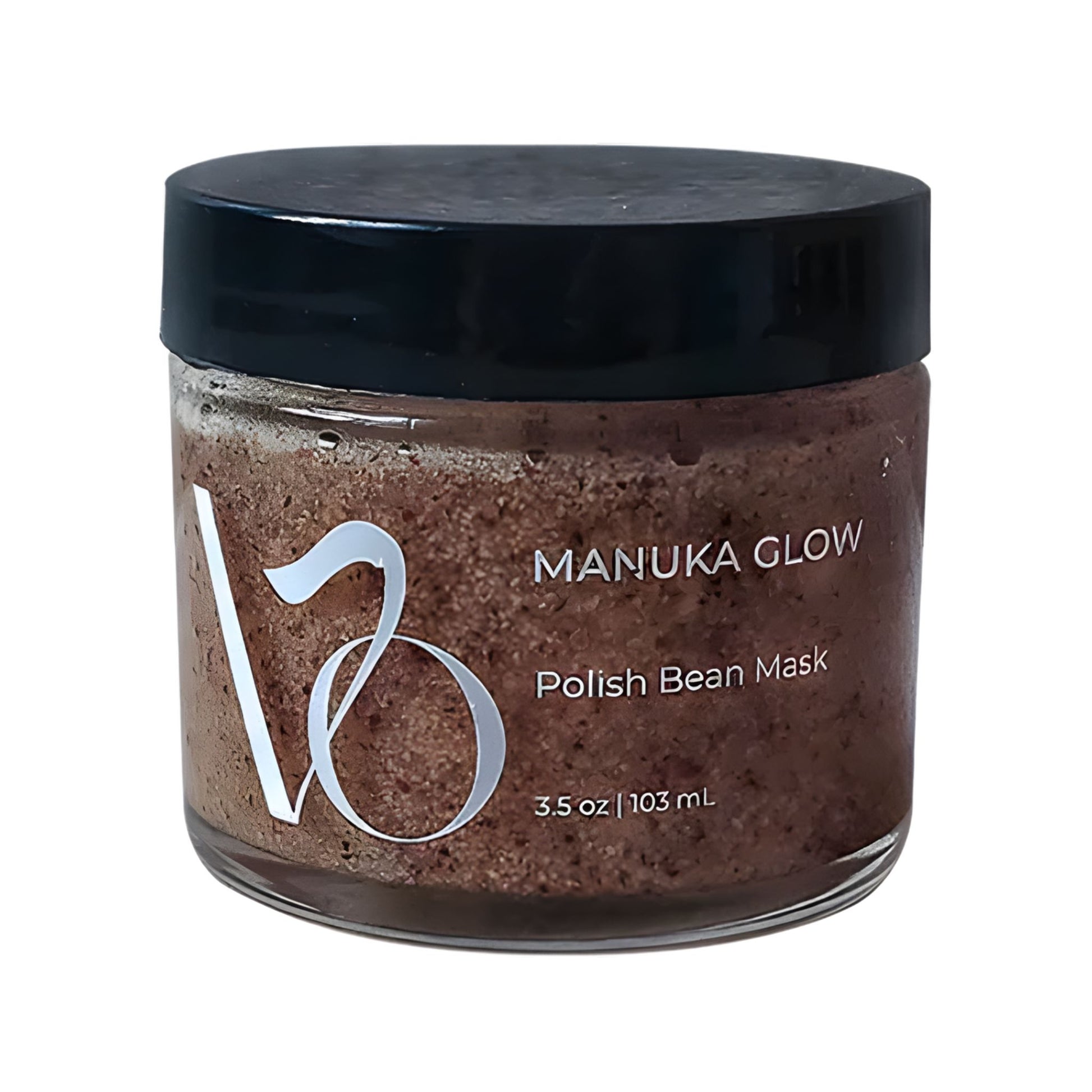 Jar of Manuka Glow Polish Bean Mask with black lid on a white background