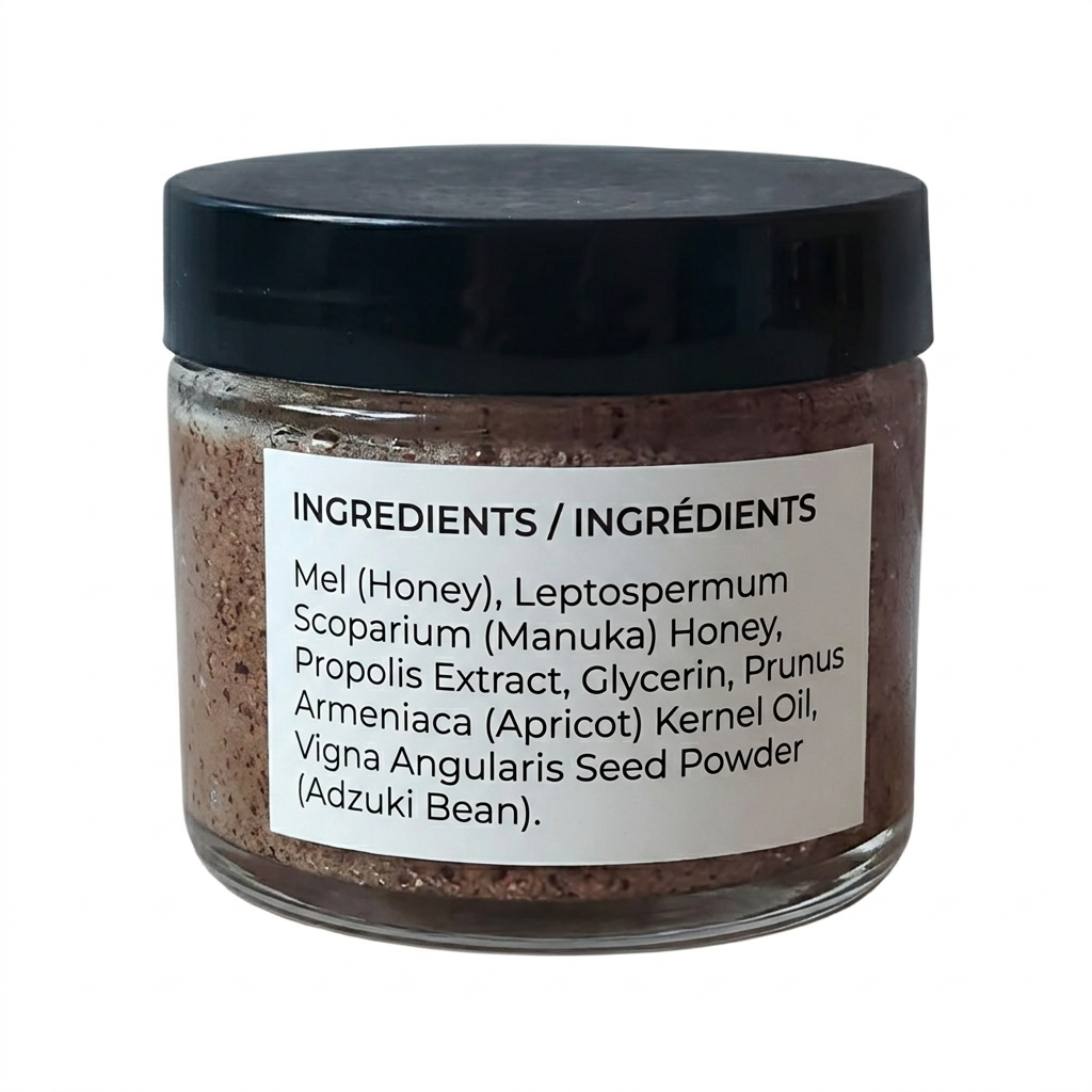 Jar of brown powder with a black lid and ingredient label on a white background