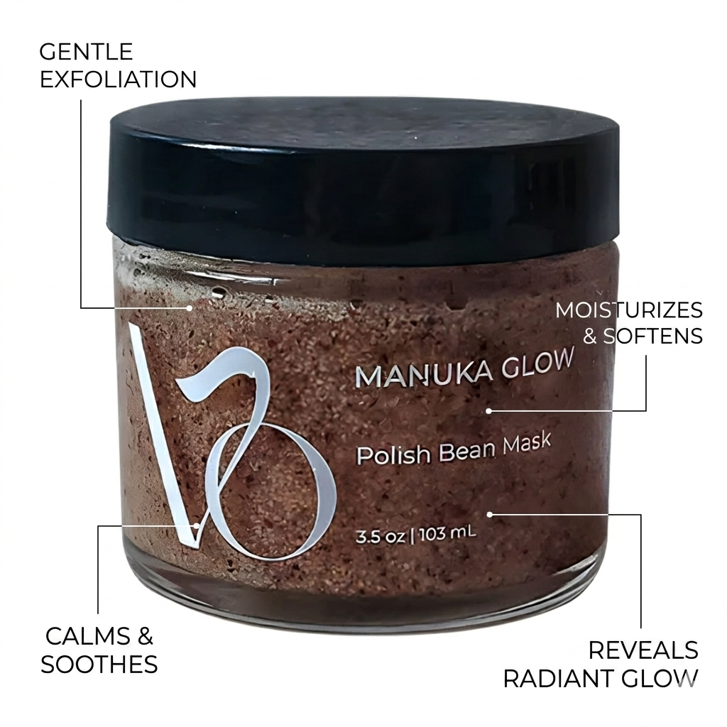 Jar of Manuka Glow Polish Bean Mask with product features labeled