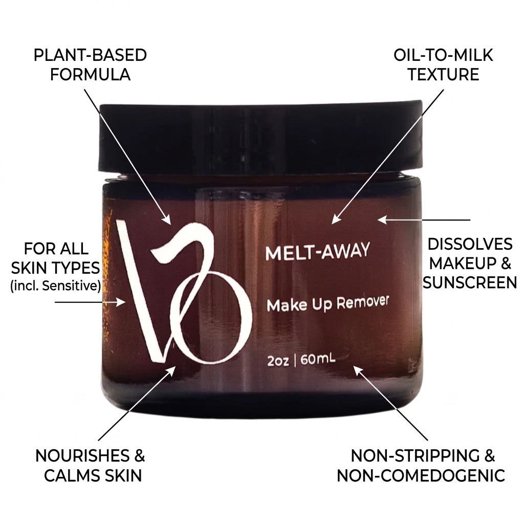 Makeup remover jar with 'Melt-Away' text on a white background