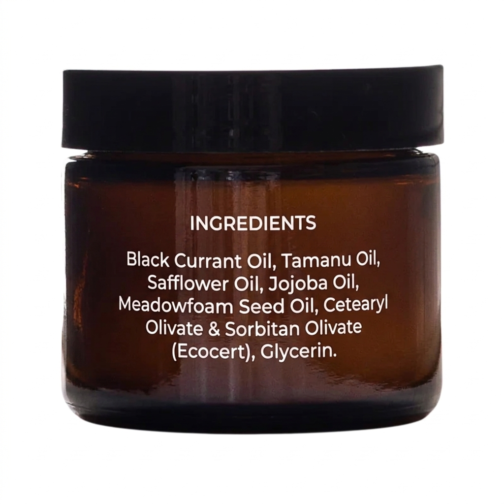 Brown jar with black lid displaying ingredients on a white background