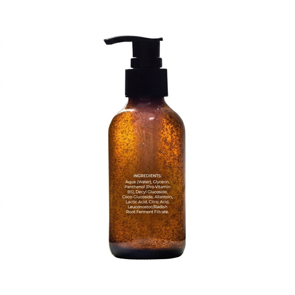Amber glass bottle with black pump on a white background