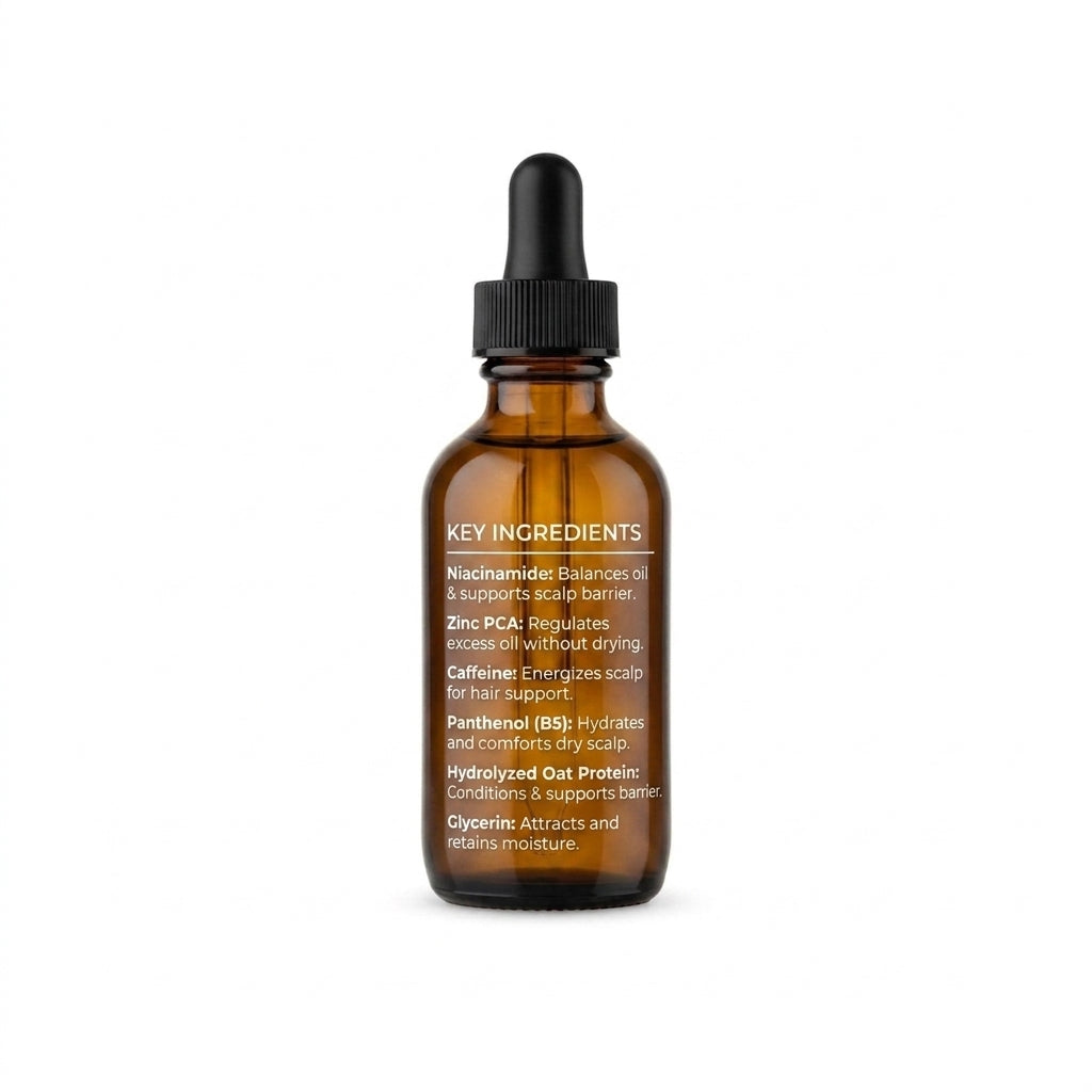 An amber glass dropper bottle with a black cap, featuring white text detailing key ingredients, set against a plain white background.