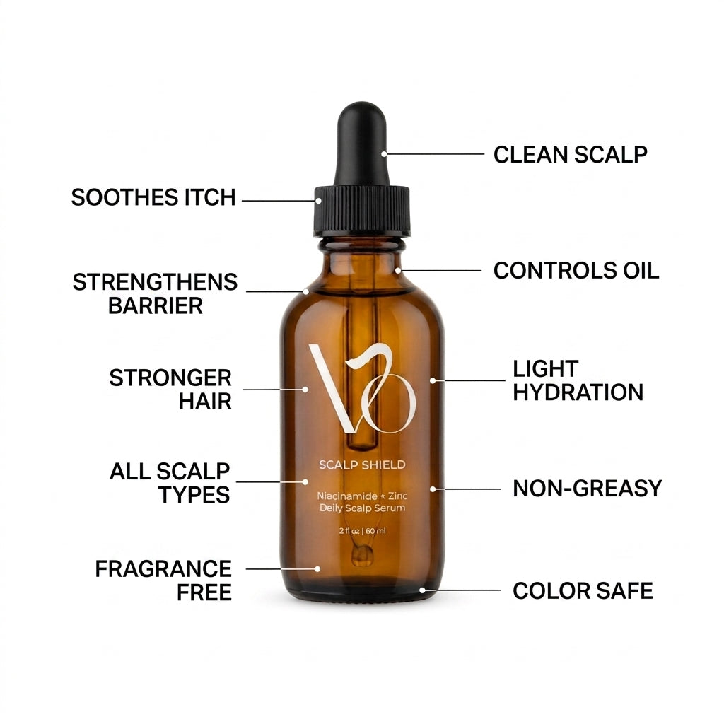 Amber glass dropper bottle labeled 'Scalp Shield' with black text callouts around it describing benefits such as clean scalp, stronger hair, and fragrance free, on a white background.