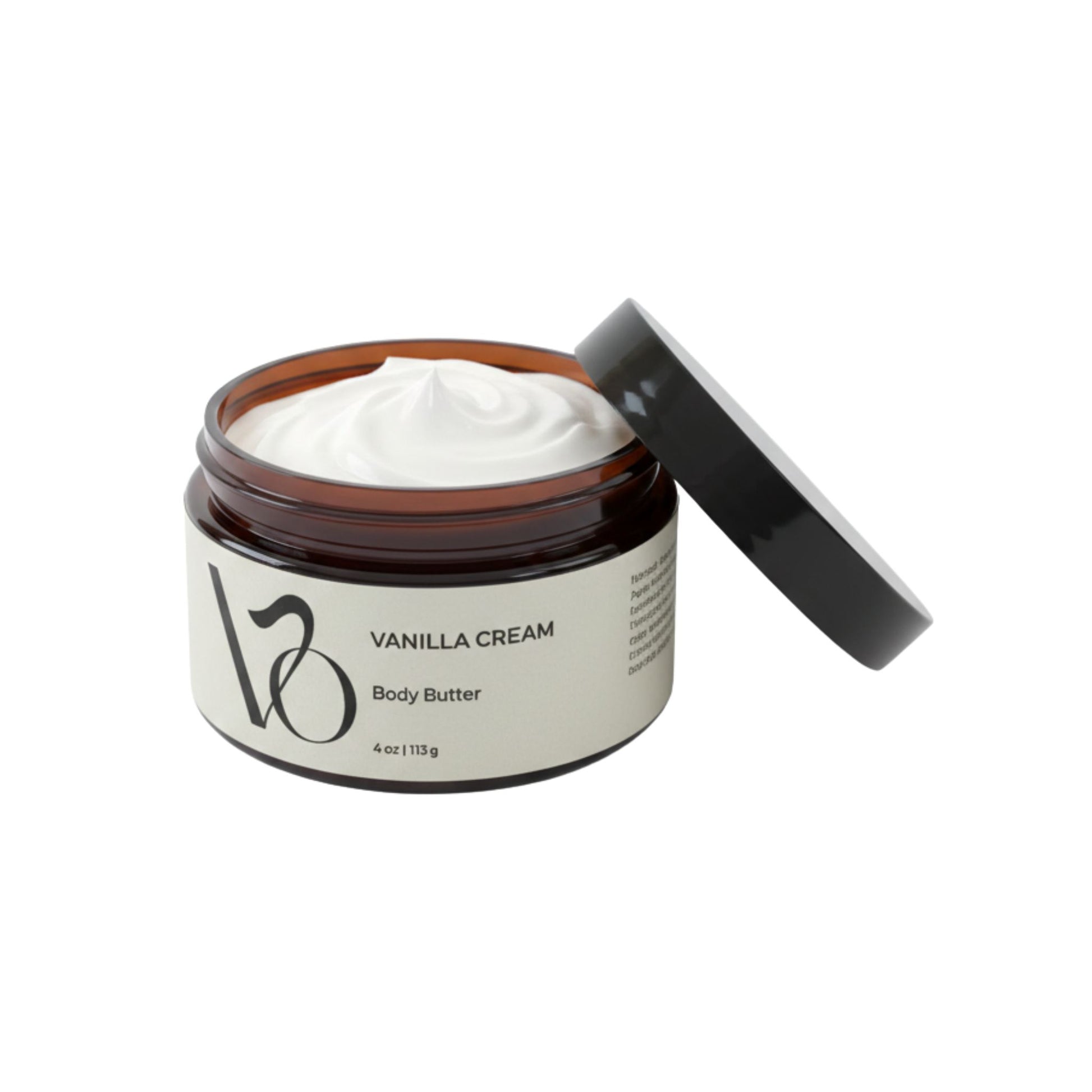 Vanilla cream body butter jar with open lid on a white background