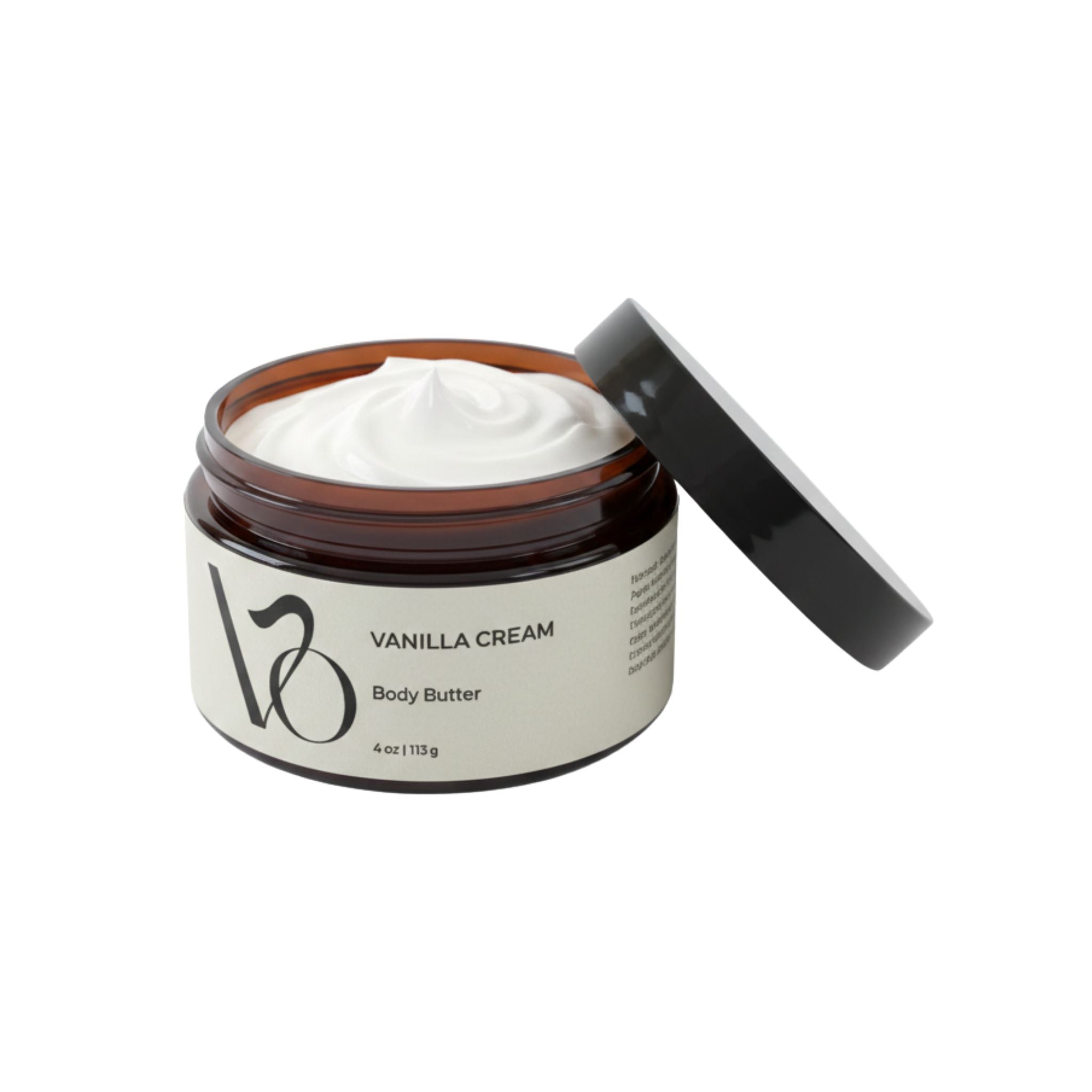 Vanilla cream body butter jar with open lid on a white background