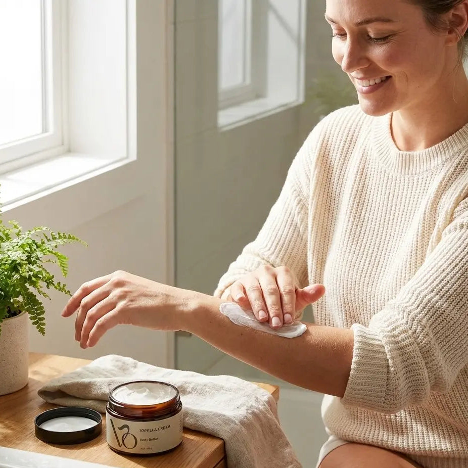 Woman applying cream to her hand in a bright room with a plant and jar on a table.