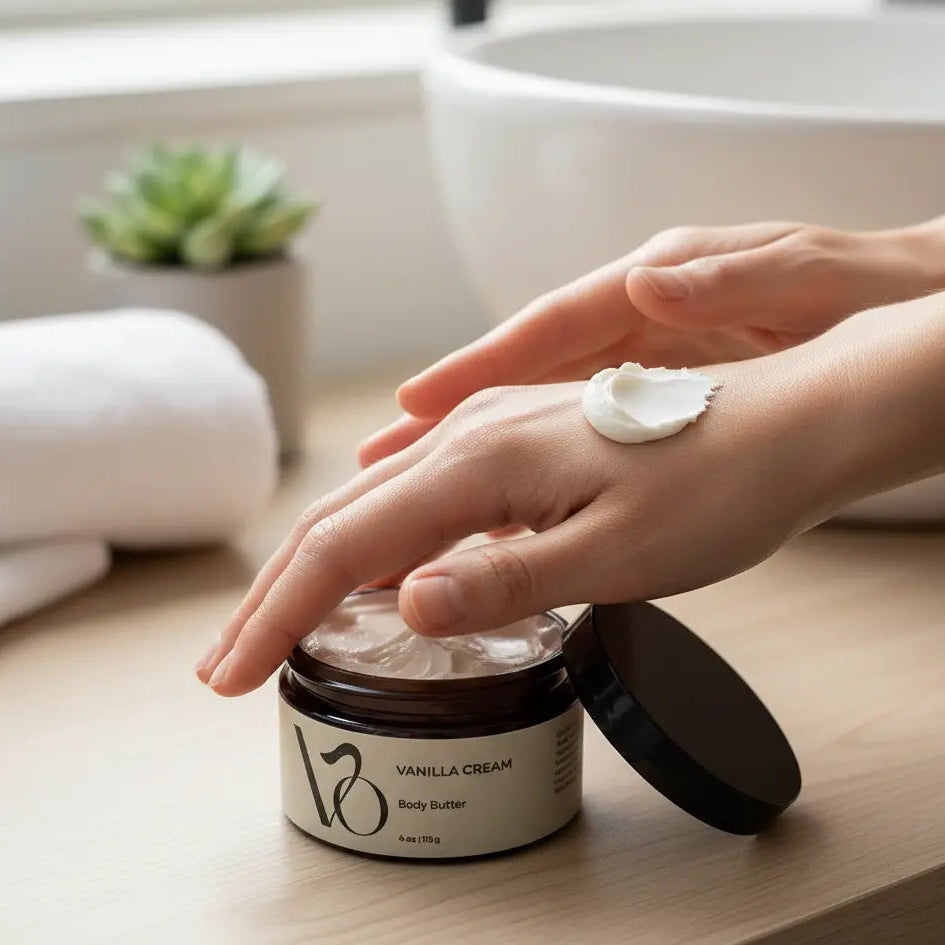 Person applying vanilla cream body butter to their hand on a wooden surface.