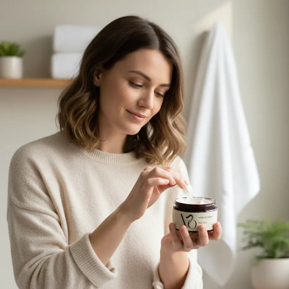Woman holding a jar of cream in a bright room with plants and towels.
