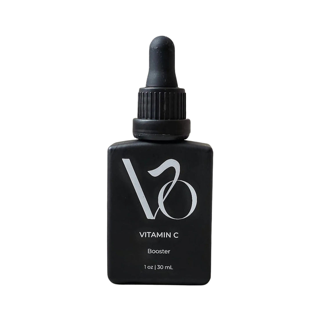 Black bottle of Vitamin C Booster with dropper on a white background