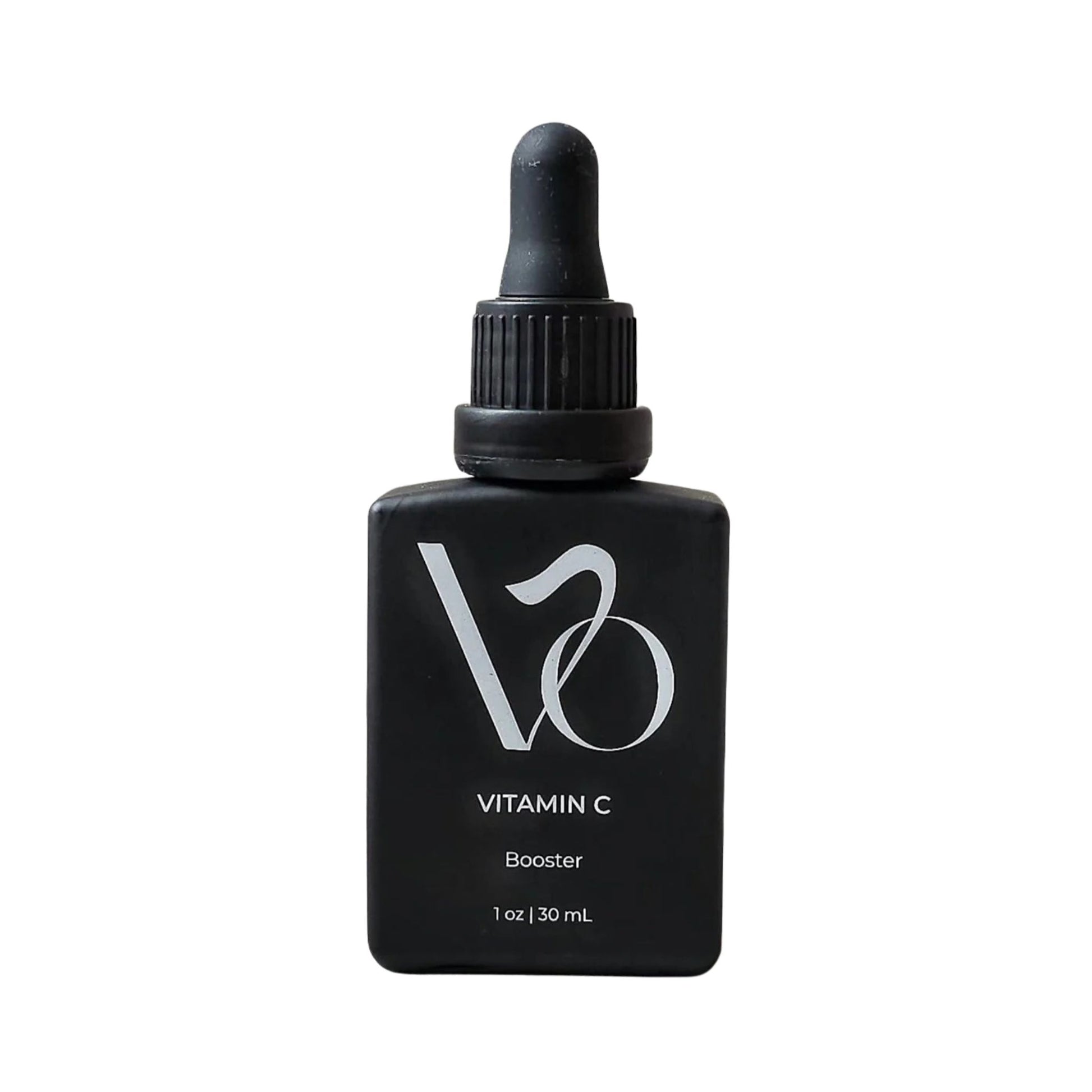Black bottle of Vitamin C Booster with dropper on a white background