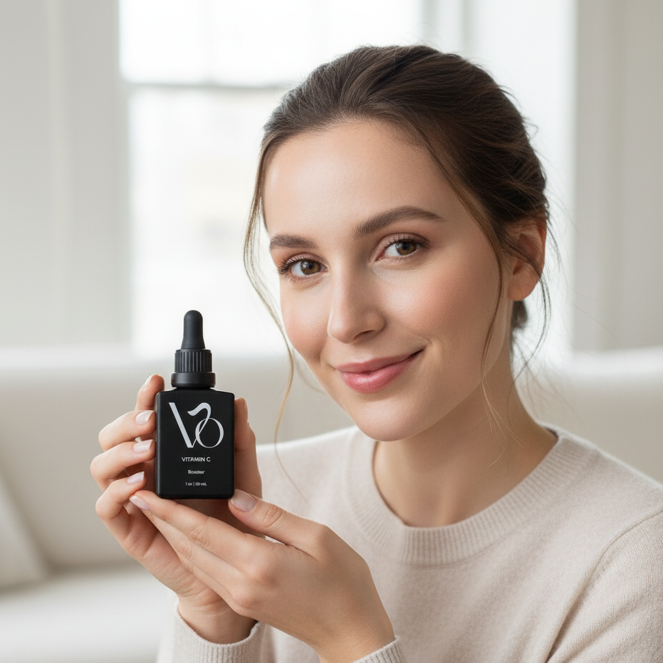 Woman holding a black dropper bottle with a visible brand logo.
