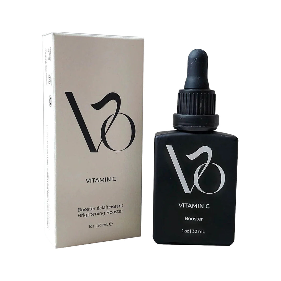 Black bottle of Vitamin C Booster with dropper on a white background