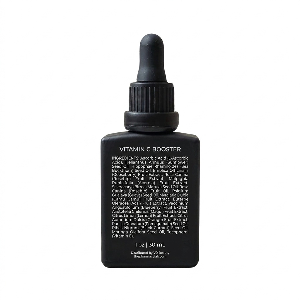 Black bottle of Vitamin C Booster with dropper on a white background