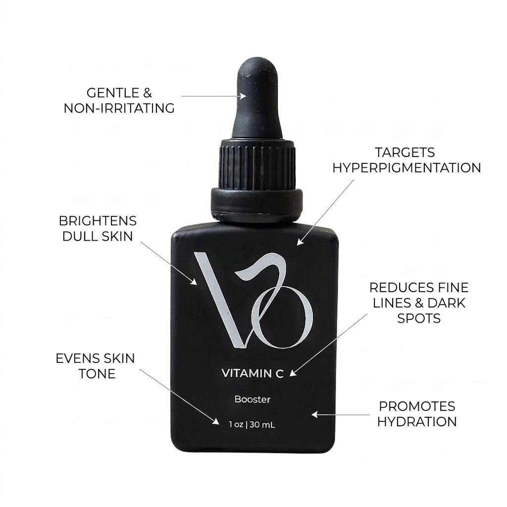 Black bottle of Vitamin C booster with text highlighting its benefits on a white background
