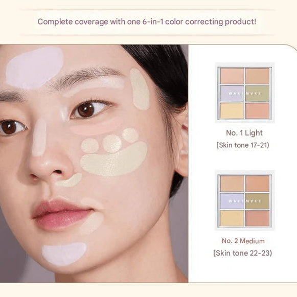 Woman applying color correcting patches on her face with a 6-in-1 color correcting product palette.